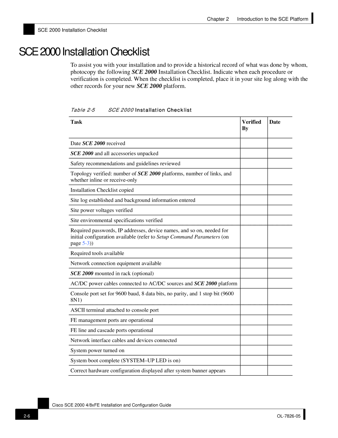 Cisco Systems SCE 2000 4/8xFE manual SCE 2000 Installation Checklist, Task Verified Date 