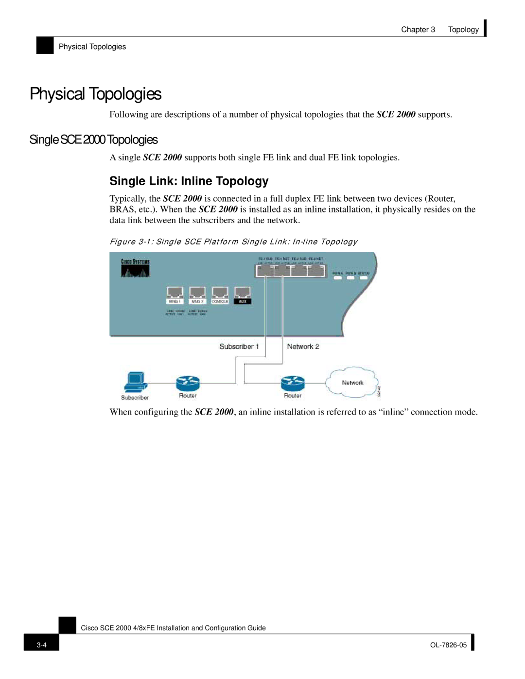 Cisco Systems SCE 2000 4/8xFE manual Physical Topologies, Single SCE 2000 Topologies, Single Link Inline Topology 