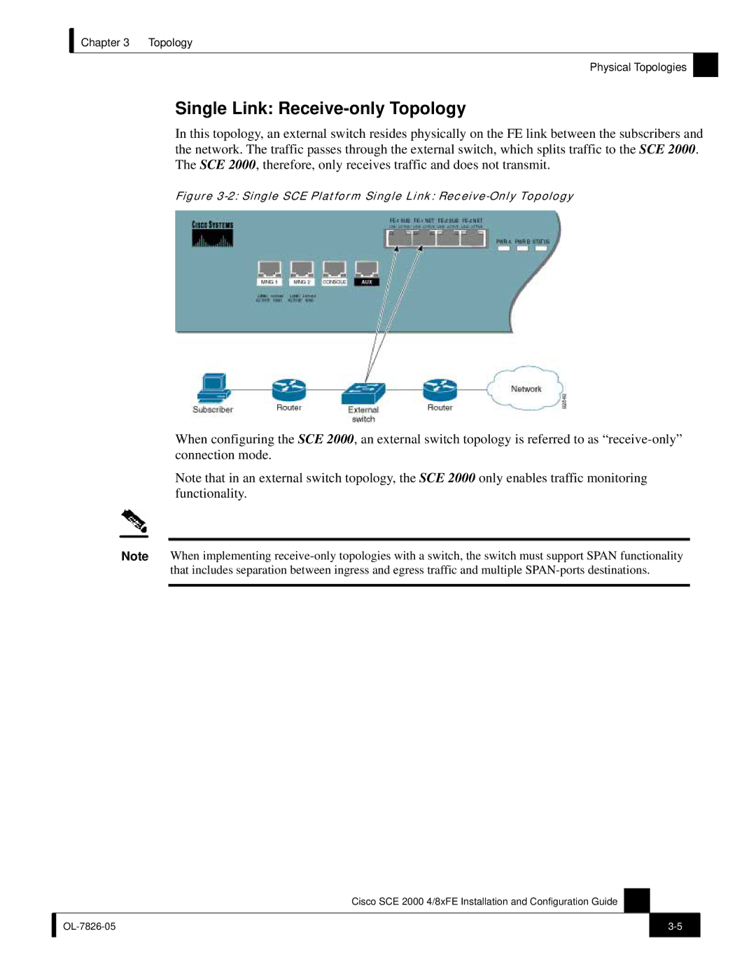 Cisco Systems SCE 2000 4/8xFE Single Link Receive-only Topology, Single SCE Platform Single Link Receive-Only Topology 