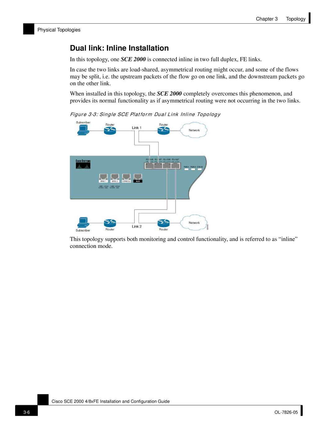 Cisco Systems SCE 2000 4/8xFE manual Dual link Inline Installation, Single SCE Platform Dual Link Inline Topology 