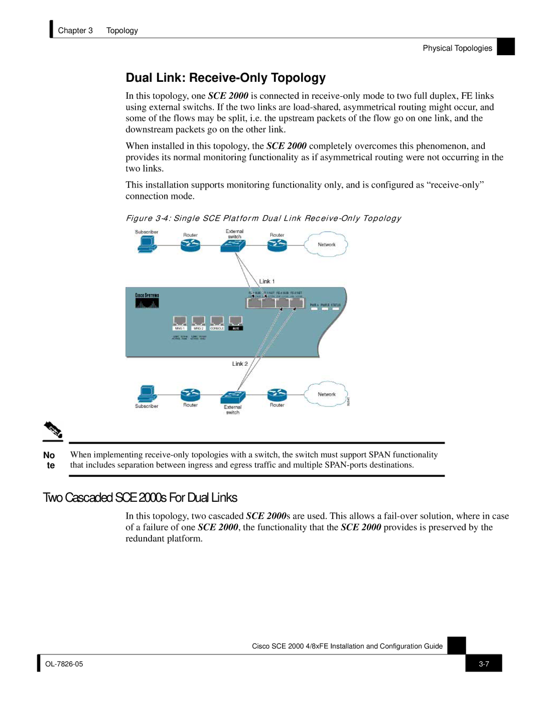 Cisco Systems SCE 2000 4/8xFE manual Two Cascaded SCE 2000s For Dual Links, Dual Link Receive-Only Topology 