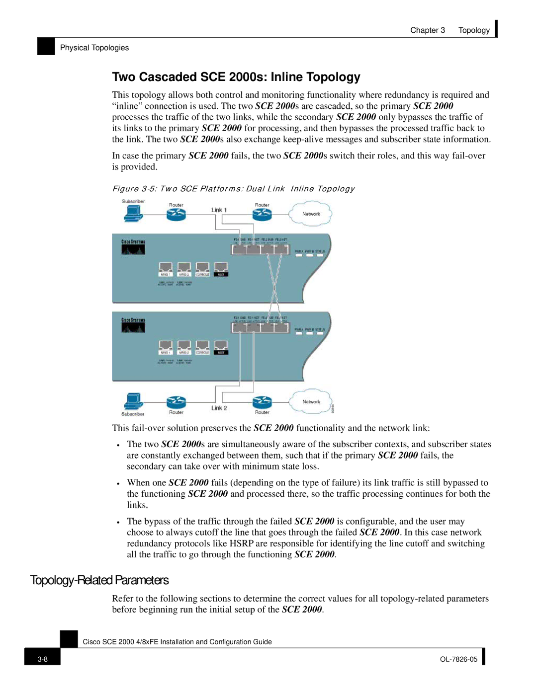 Cisco Systems SCE 2000 4/8xFE manual Topology-Related Parameters, Two Cascaded SCE 2000s Inline Topology 