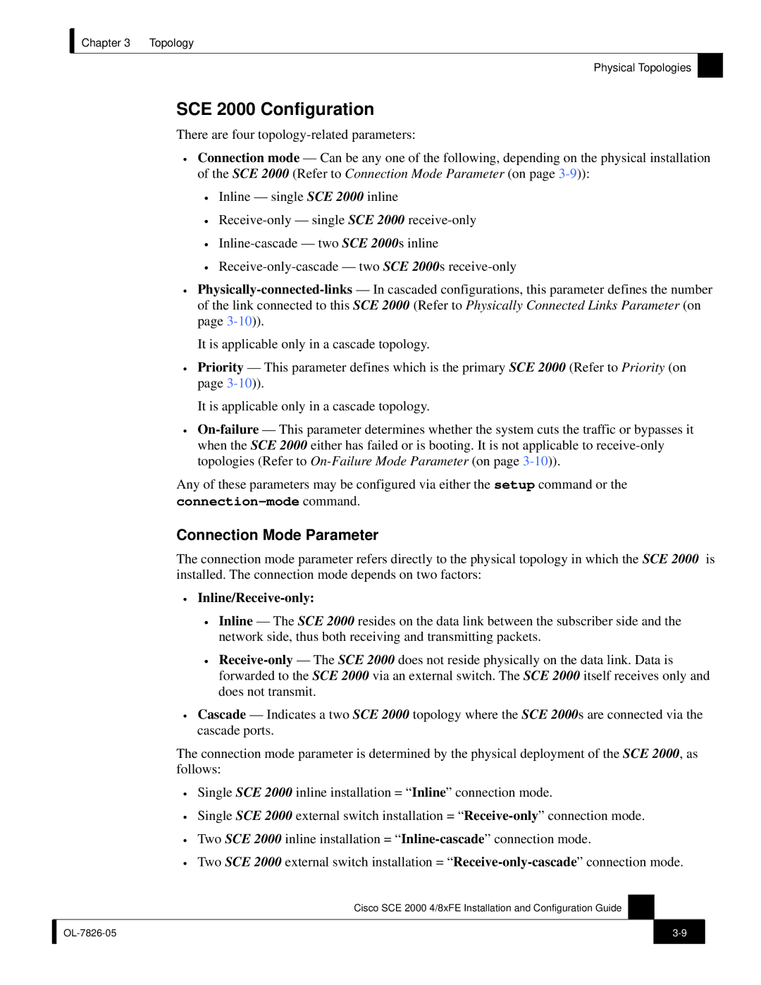 Cisco Systems SCE 2000 4/8xFE manual SCE 2000 Configuration, Connection Mode Parameter 