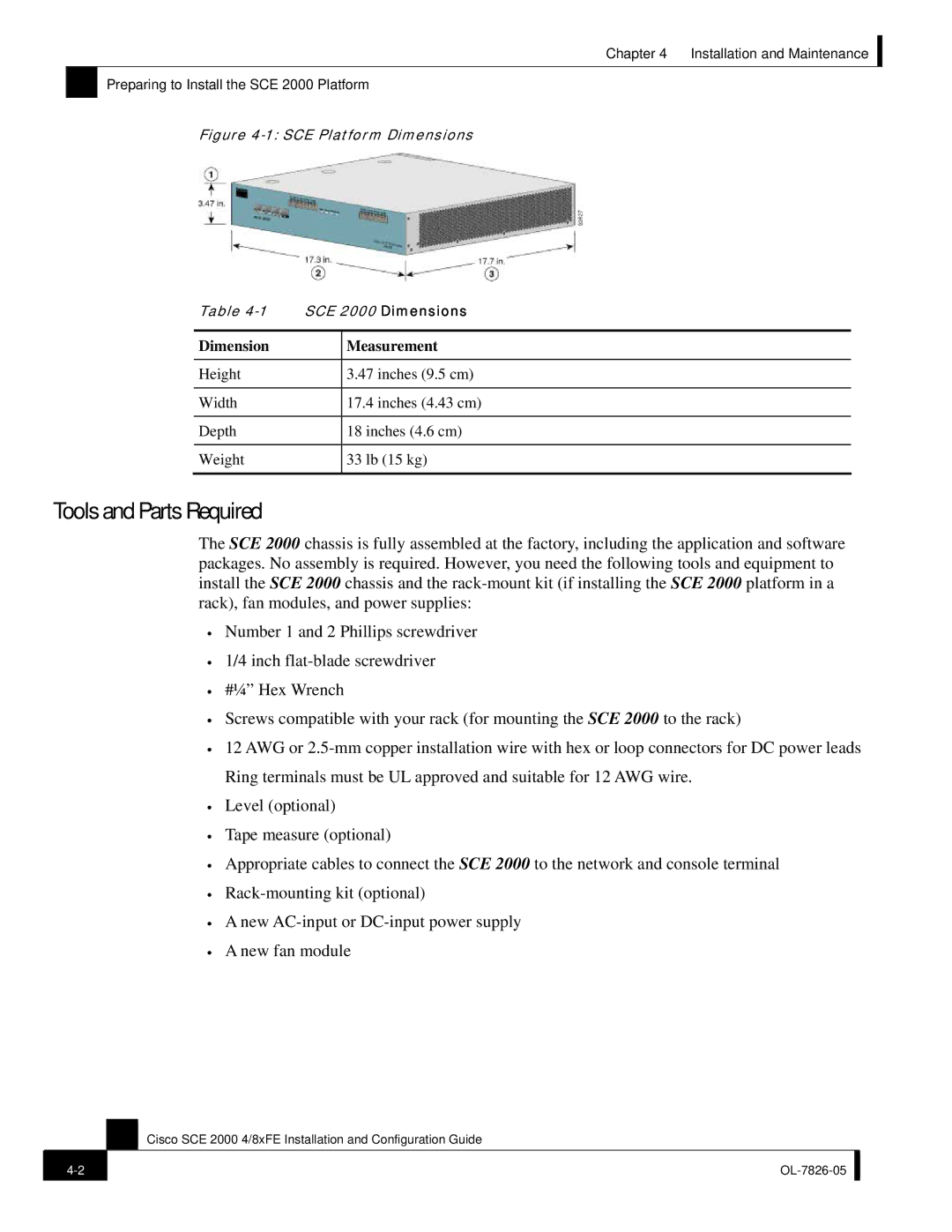 Cisco Systems SCE 2000 4/8xFE manual Tools and Parts Required, Dimension Measurement 