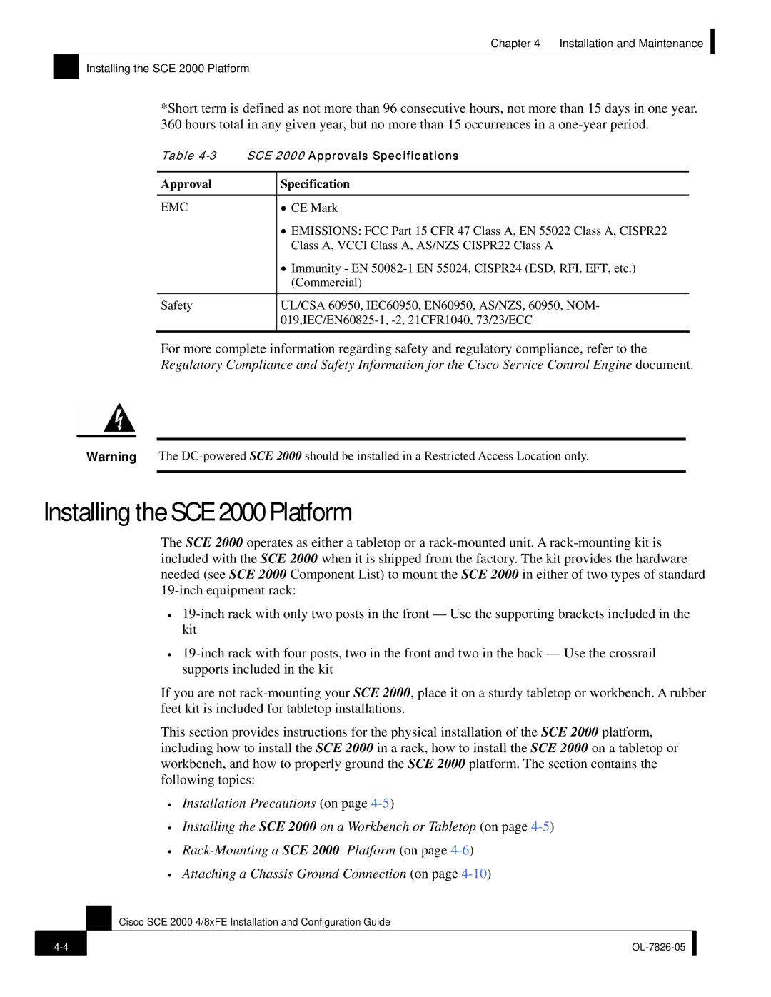 Cisco Systems SCE 2000 4/8xFE manual Installing the SCE 2000 Platform, Approval Specification 