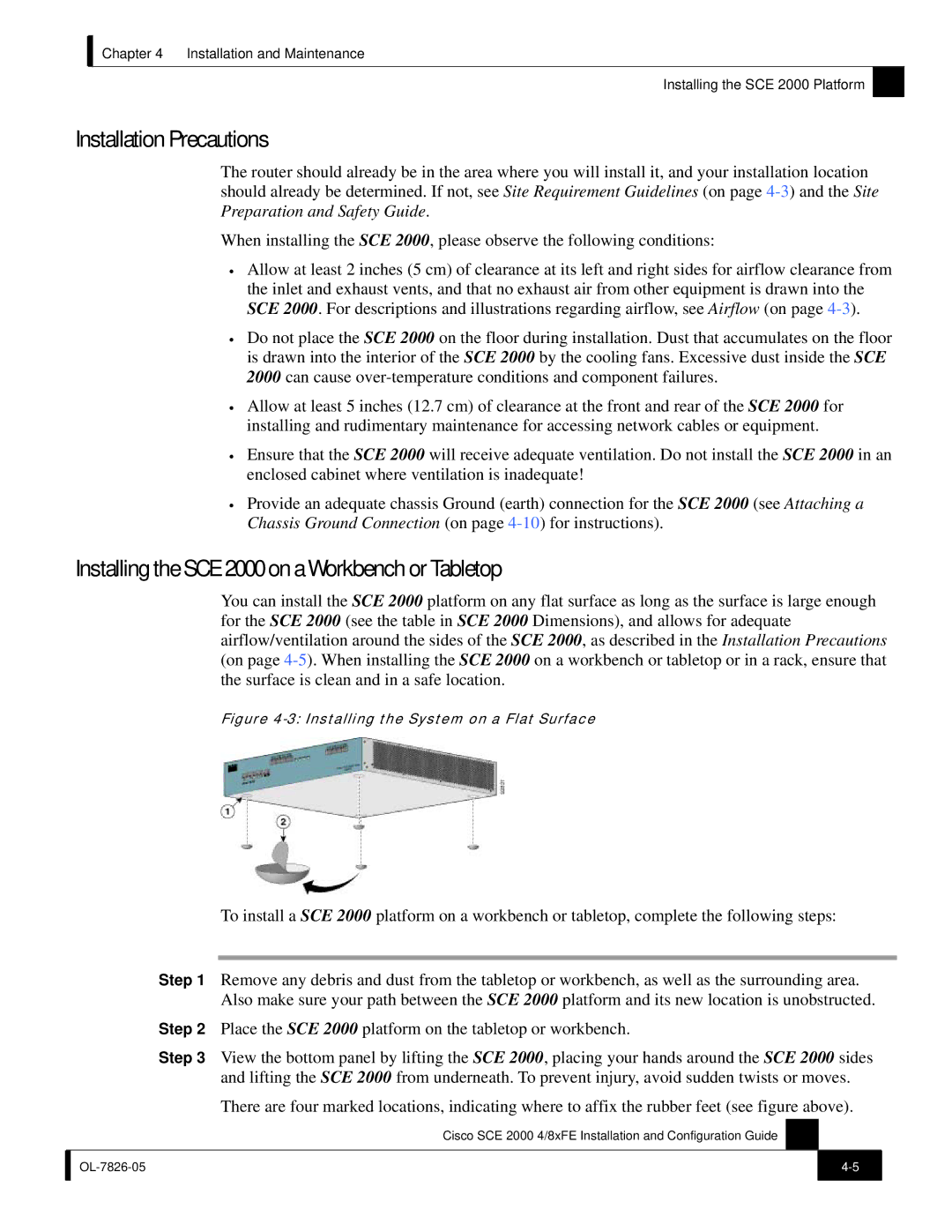 Cisco Systems SCE 2000 4/8xFE manual Installation Precautions, Installing the SCE 2000 on a Workbench or Tabletop 