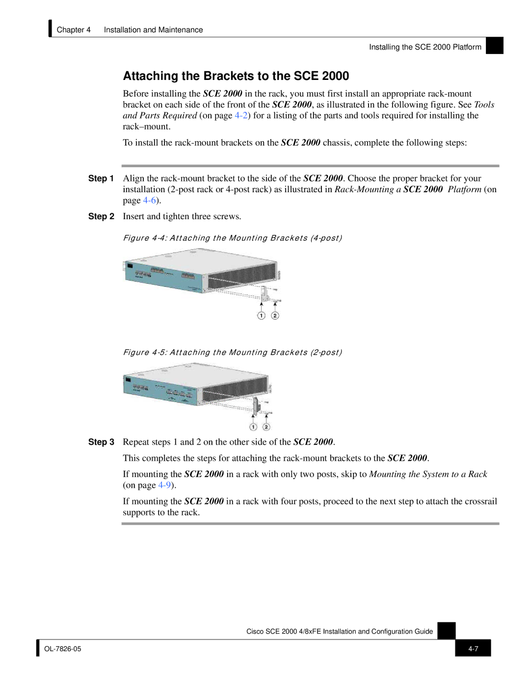 Cisco Systems SCE 2000 4/8xFE manual Attaching the Brackets to the SCE, Attaching the Mounting Brackets 4-post 