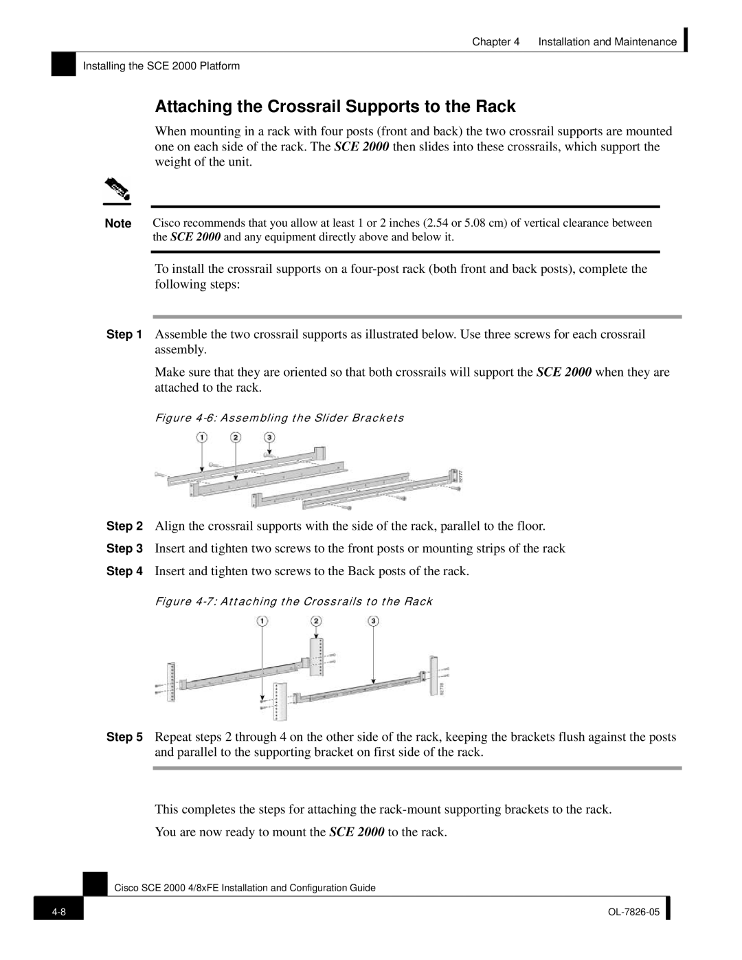 Cisco Systems SCE 2000 4/8xFE manual Attaching the Crossrail Supports to the Rack, Assembling the Slider Brackets 