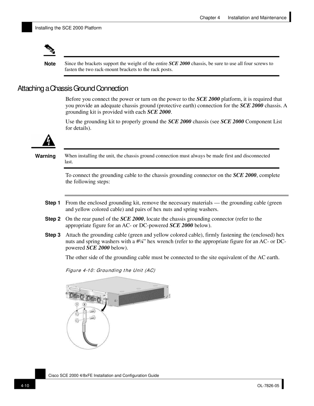 Cisco Systems SCE 2000 4/8xFE manual Attaching a Chassis Ground Connection, Grounding the Unit AC 