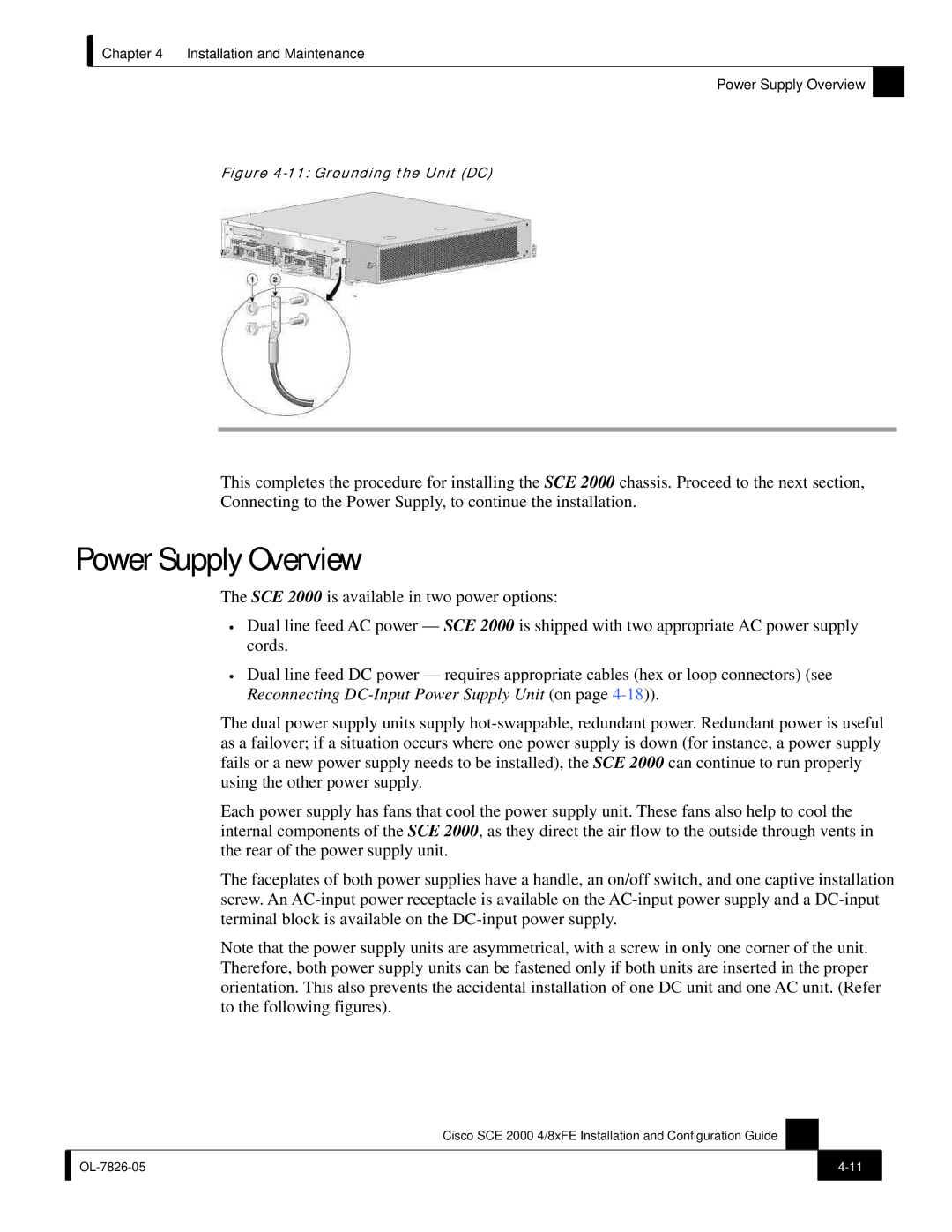 Cisco Systems SCE 2000 4/8xFE manual Power Supply Overview, Grounding the Unit DC 