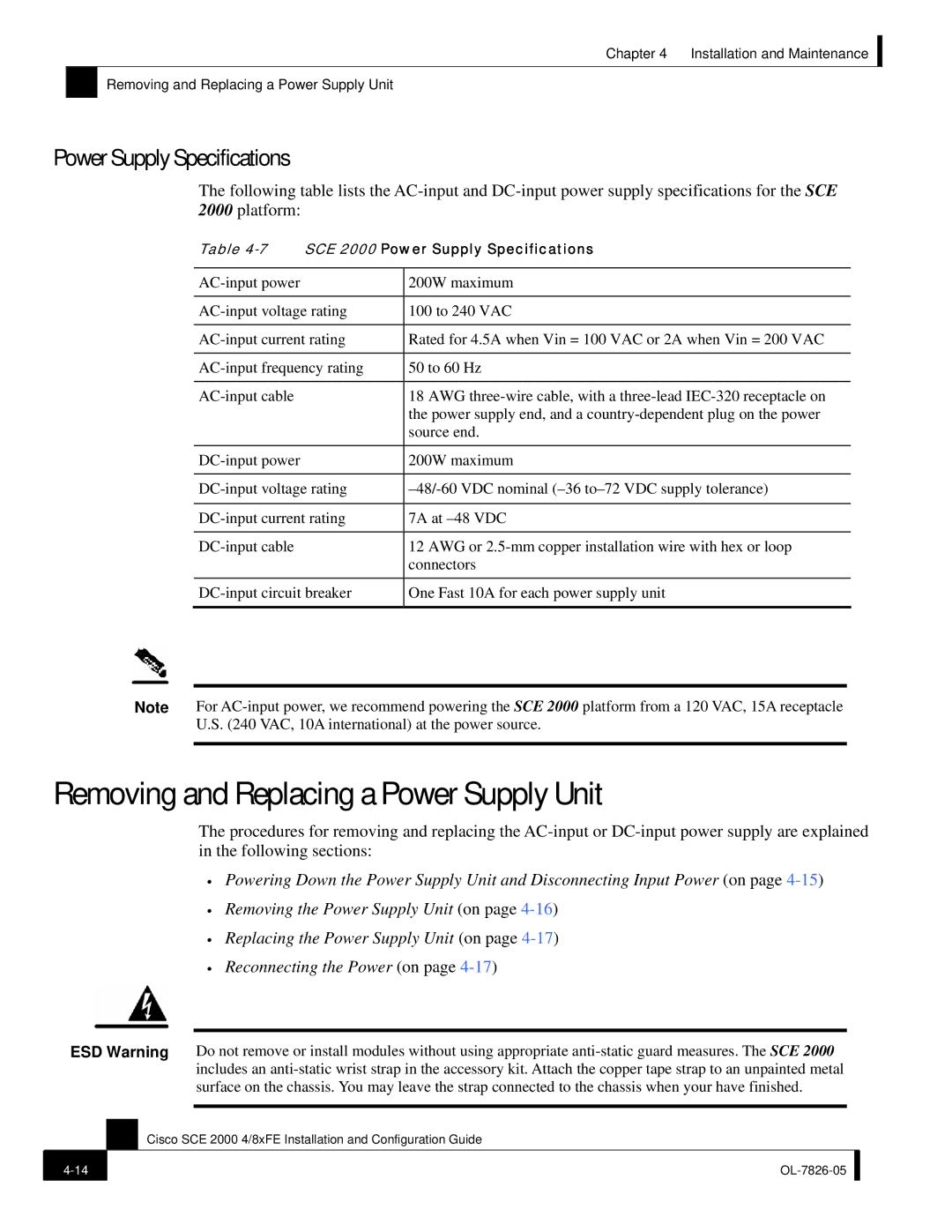 Cisco Systems SCE 2000 4/8xFE manual Removing and Replacing a Power Supply Unit, Power Supply Specifications 