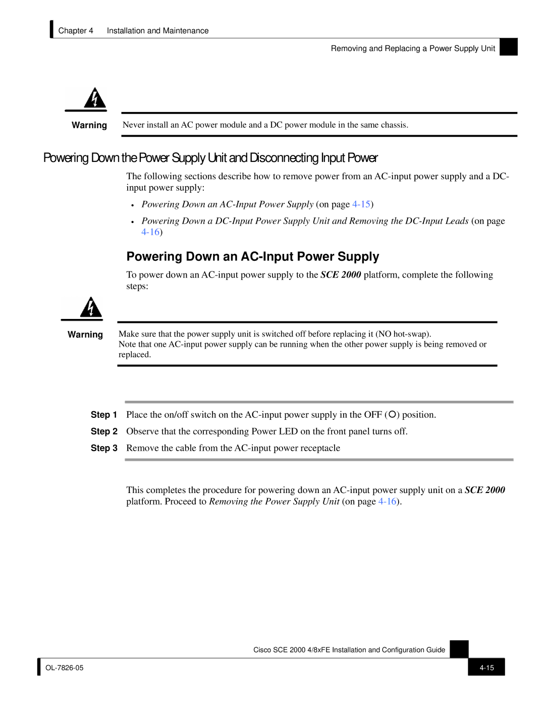 Cisco Systems SCE 2000 4/8xFE manual Powering Down an AC-Input Power Supply 