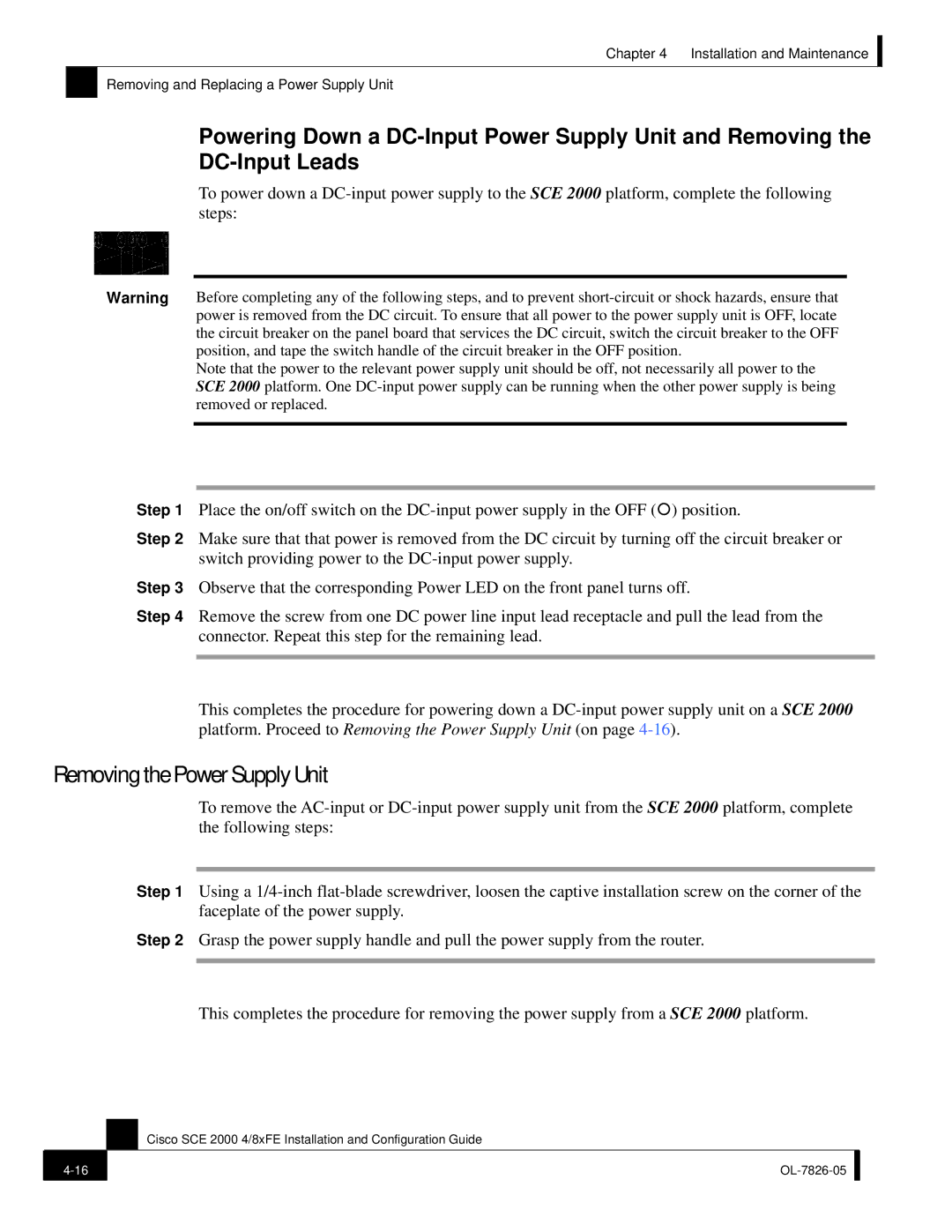 Cisco Systems SCE 2000 4/8xFE manual Removing the Power Supply Unit 