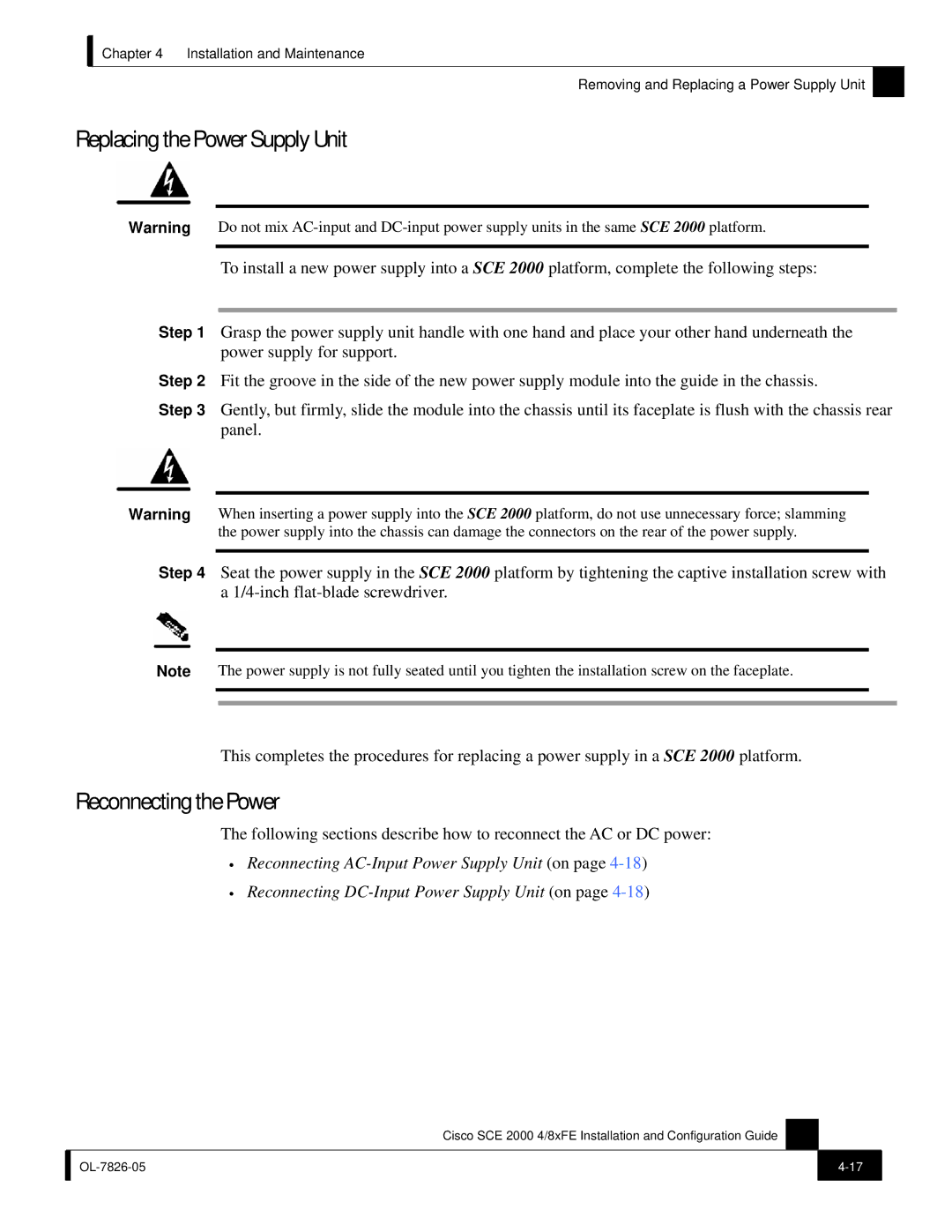 Cisco Systems SCE 2000 4/8xFE manual Replacing the Power Supply Unit, Reconnecting the Power 