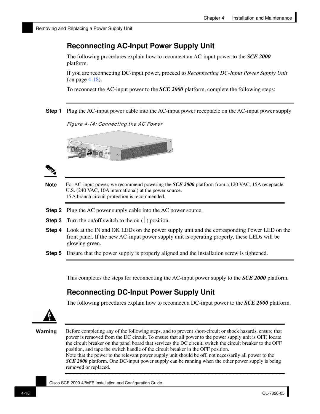 Cisco Systems SCE 2000 4/8xFE manual Reconnecting AC-Input Power Supply Unit, Reconnecting DC-Input Power Supply Unit 