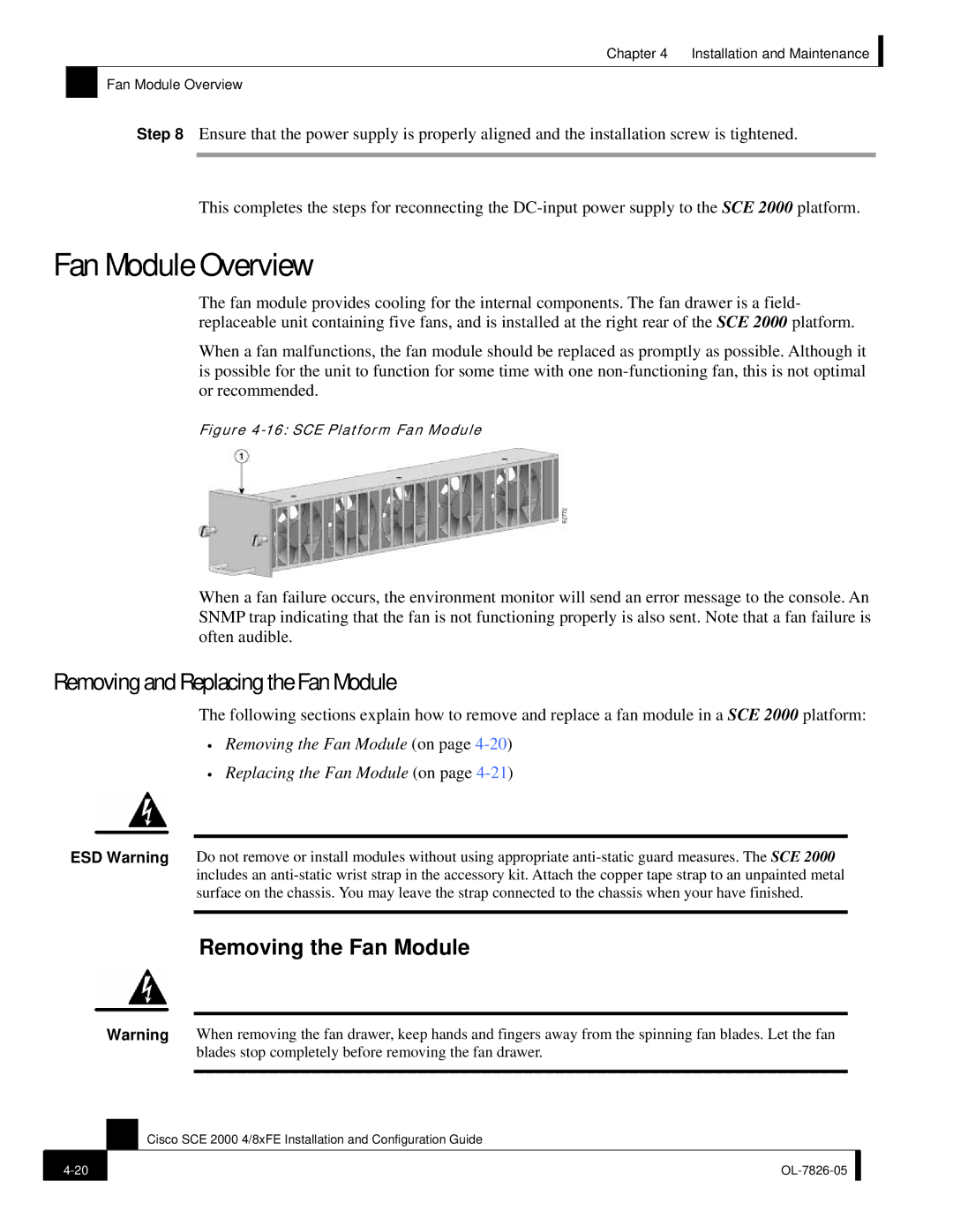 Cisco Systems SCE 2000 4/8xFE manual Fan Module Overview, Removing and Replacing the Fan Module, Removing the Fan Module 