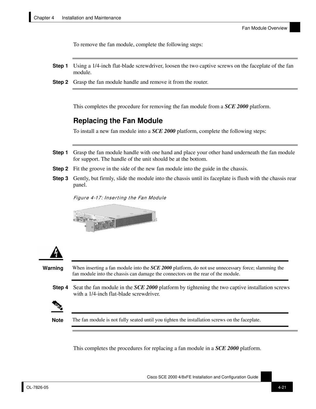 Cisco Systems SCE 2000 4/8xFE manual Replacing the Fan Module, Inserting the Fan Module 