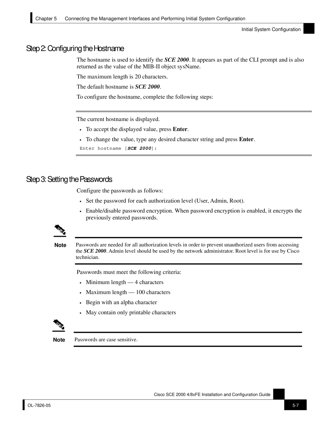 Cisco Systems SCE 2000 4/8xFE manual Configuring the Hostname, Setting the Passwords 