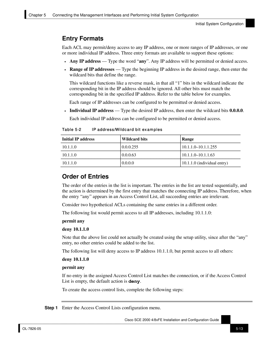 Cisco Systems SCE 2000 4/8xFE manual Entry Formats, Order of Entries, Initial IP address Wildcard bits Range 