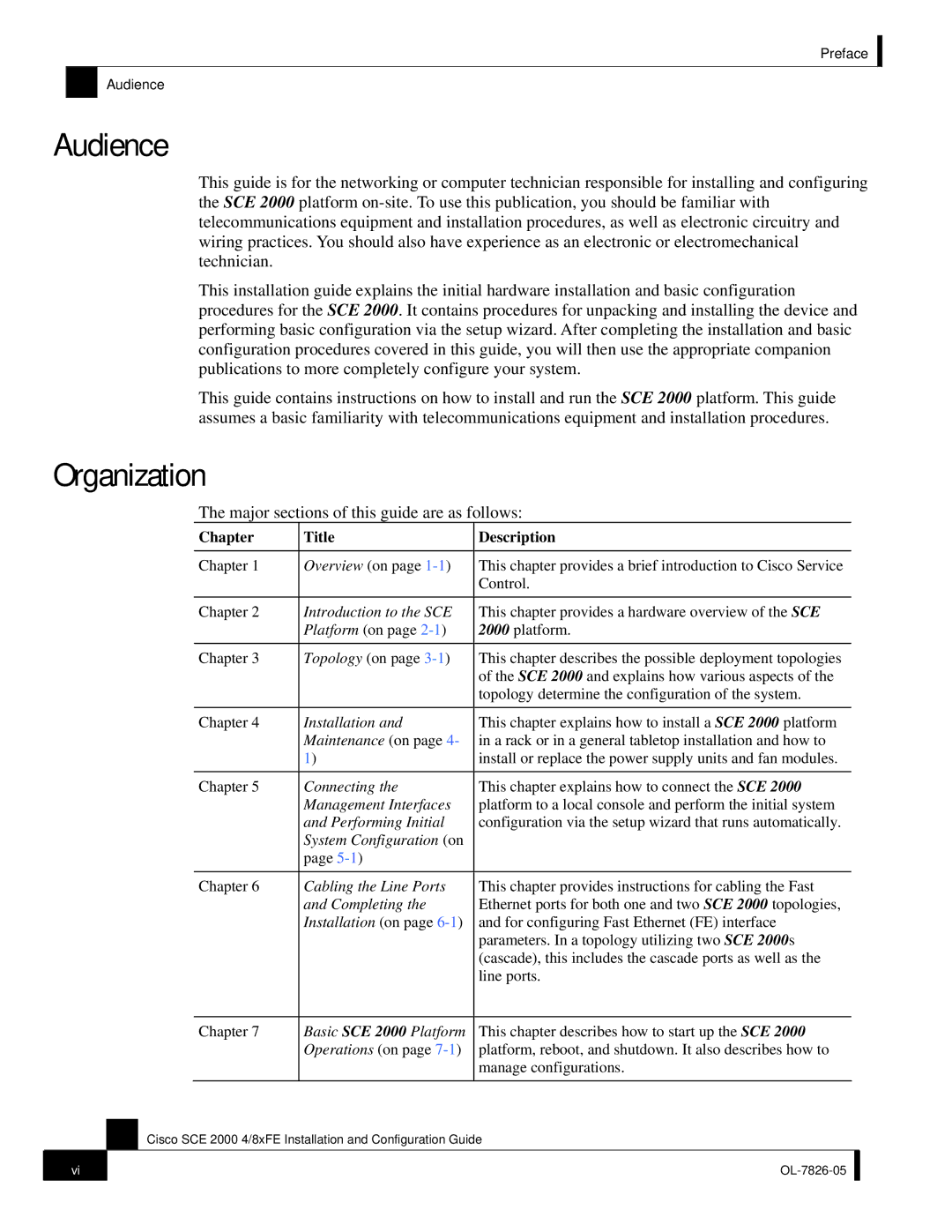 Cisco Systems SCE 2000 4/8xFE manual Audience, Organization, Chapter Title Description 