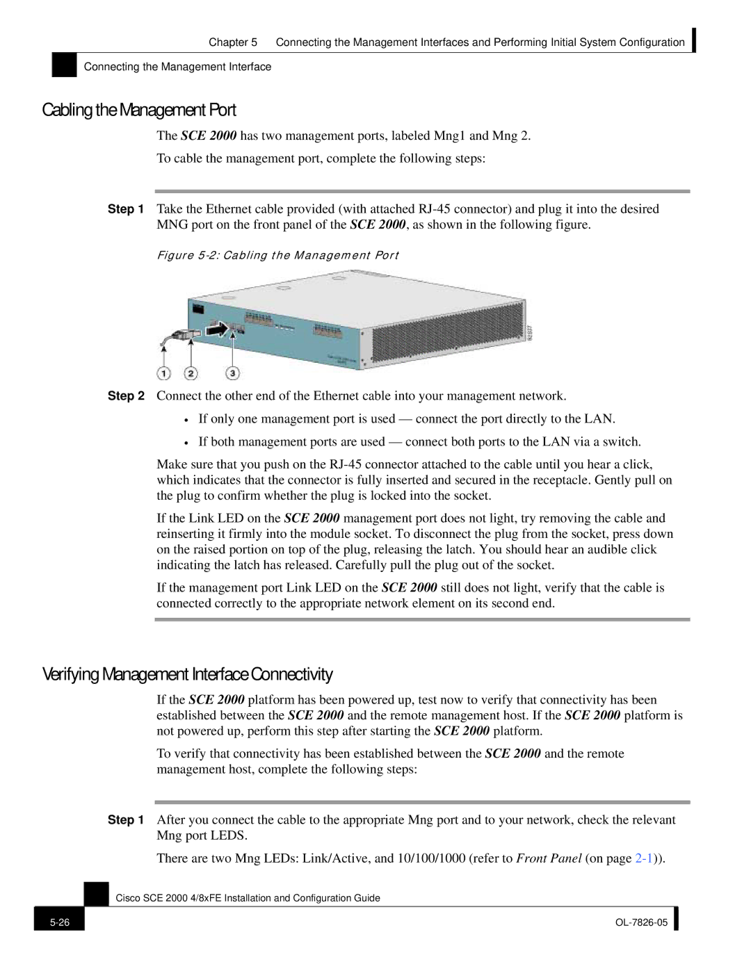 Cisco Systems SCE 2000 4/8xFE manual Cabling the Management Port, Verifying Management Interface Connectivity 