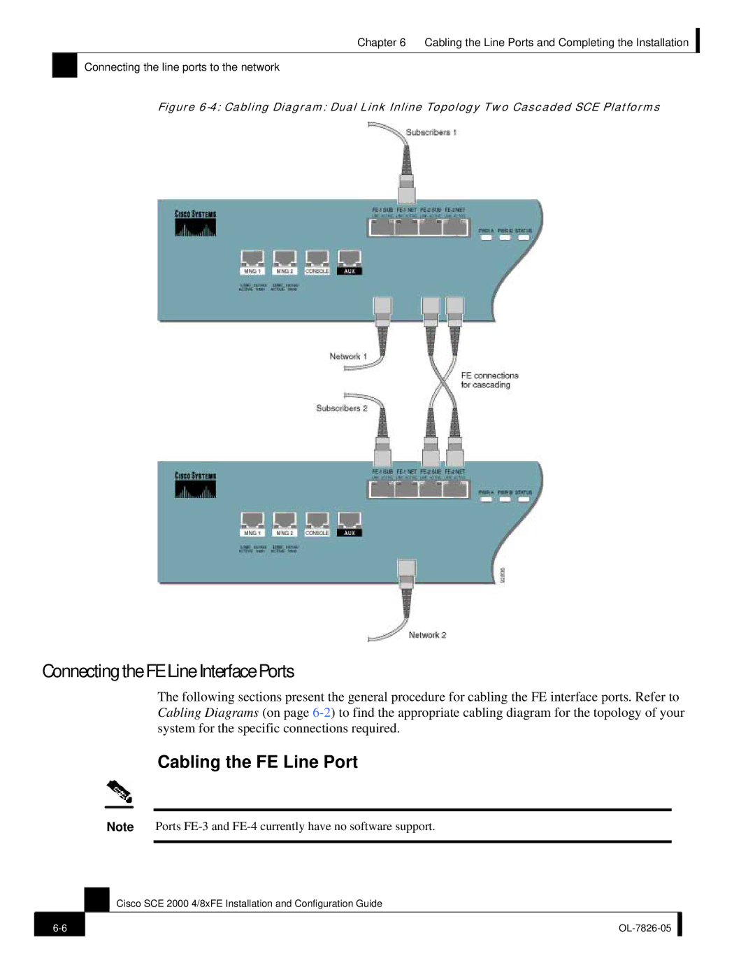 Cisco Systems SCE 2000 4/8xFE manual Connecting the FE Line Interface Ports, Cabling the FE Line Port 