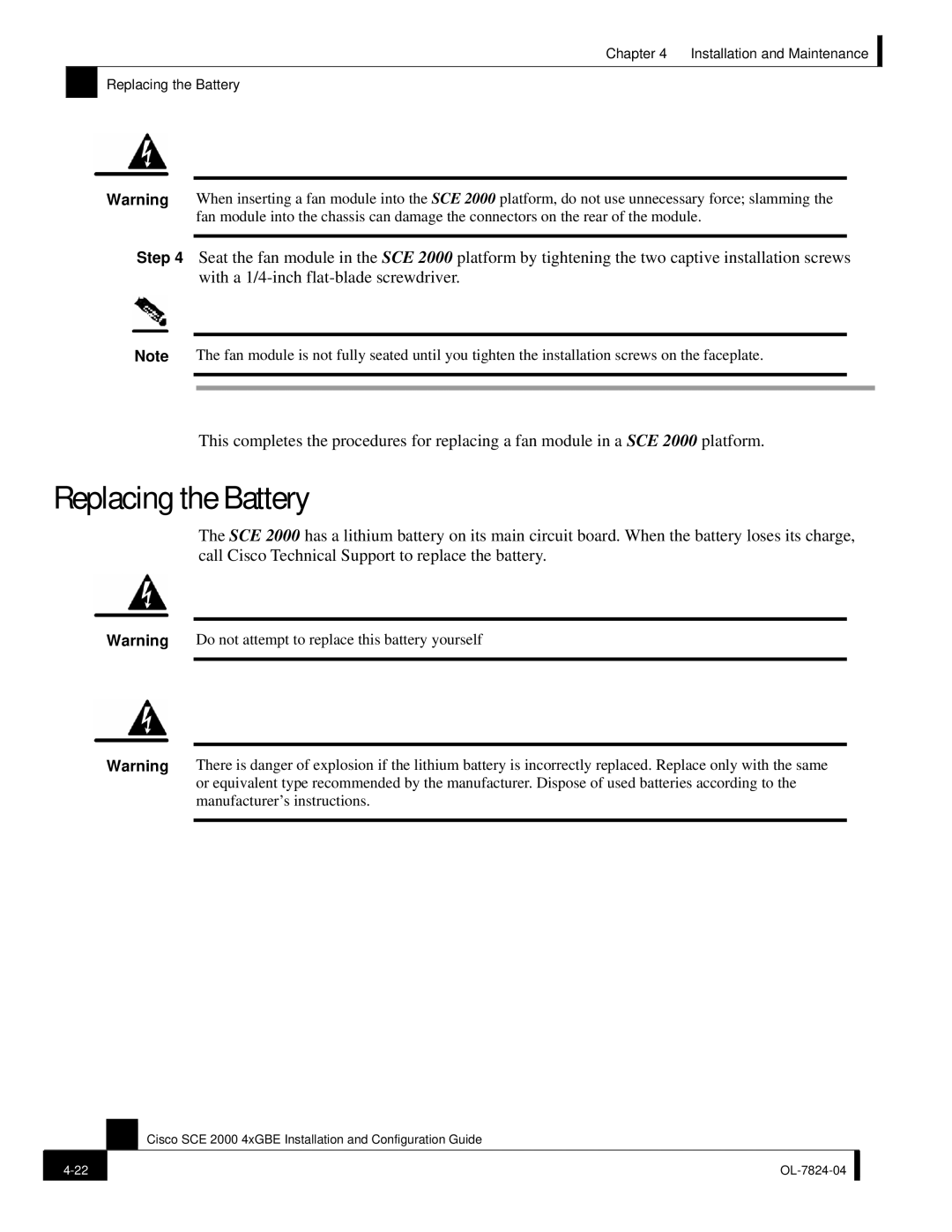 Cisco Systems SCE 2000 4xGBE manual Replacing the Battery 