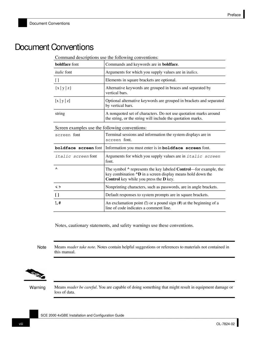 Cisco Systems SCE 2000 4xGBE manual Document Conventions, Command descriptions use the following conventions, Boldface font 