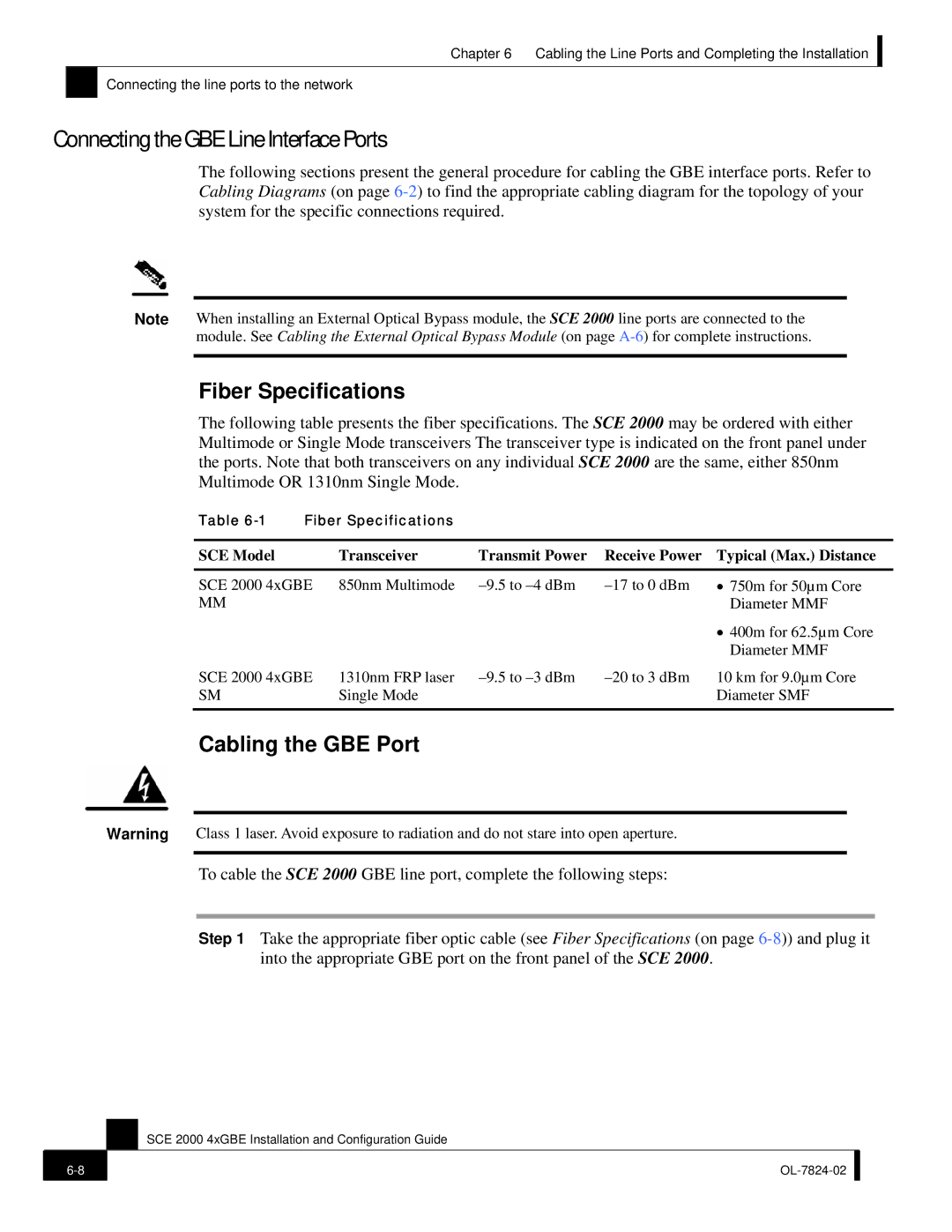 Cisco Systems SCE 2000 4xGBE manual Connecting the GBE Line Interface Ports, Fiber Specifications, Cabling the GBE Port 