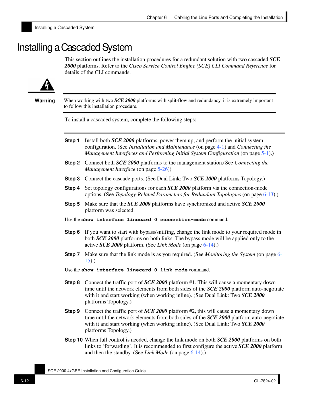 Cisco Systems SCE 2000 4xGBE manual Installing a Cascaded System 