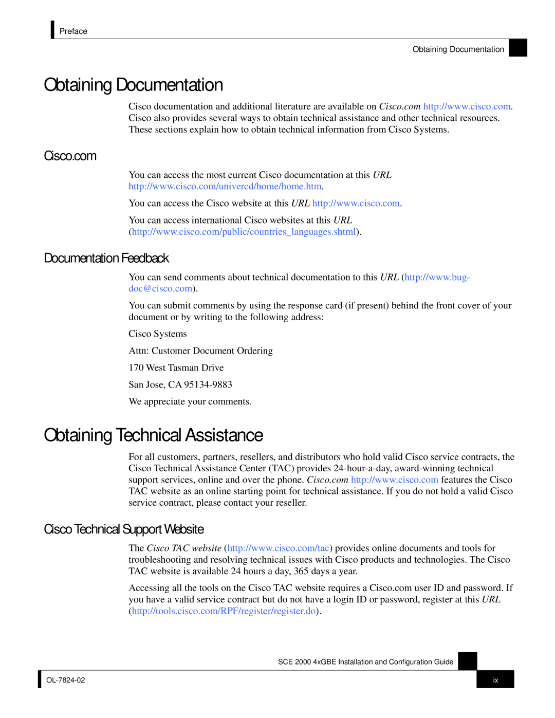 Cisco Systems SCE 2000 4xGBE Obtaining Documentation, Obtaining Technical Assistance, Cisco.com, Documentation Feedback 