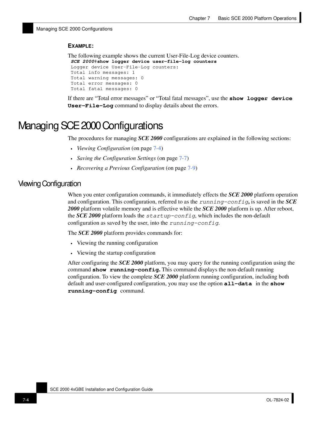 Cisco Systems SCE 2000 4xGBE manual Managing SCE 2000 Configurations, Viewing Configuration 