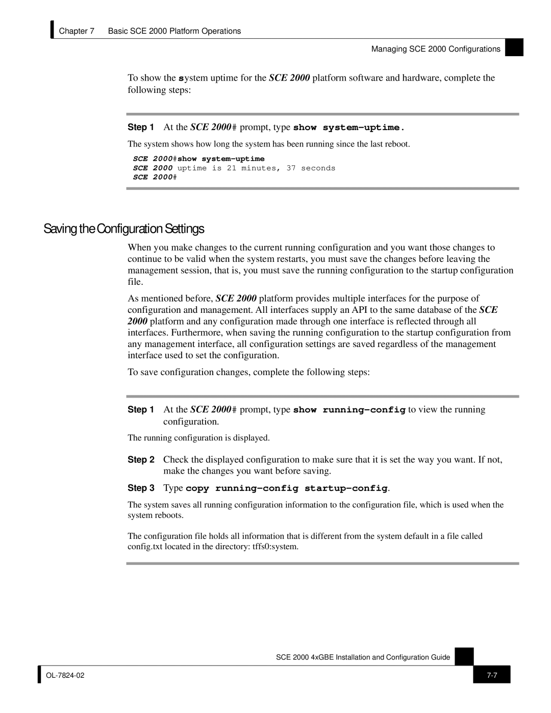 Cisco Systems SCE 2000 4xGBE manual Saving the Configuration Settings, Type copy running-config startup-config 