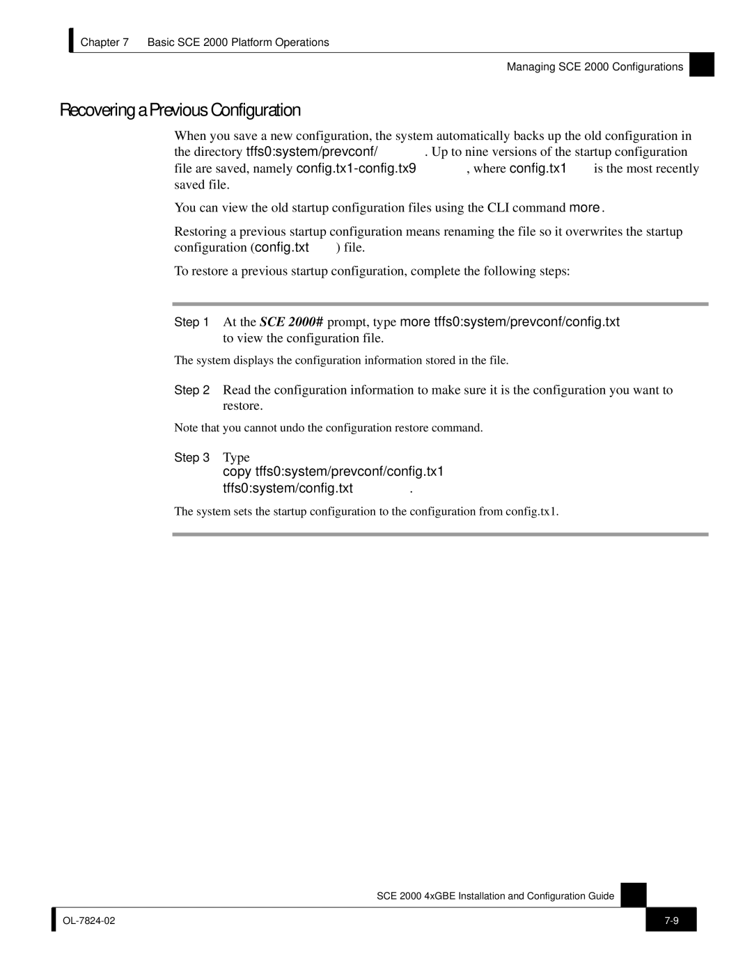 Cisco Systems SCE 2000 4xGBE manual Recovering a Previous Configuration 