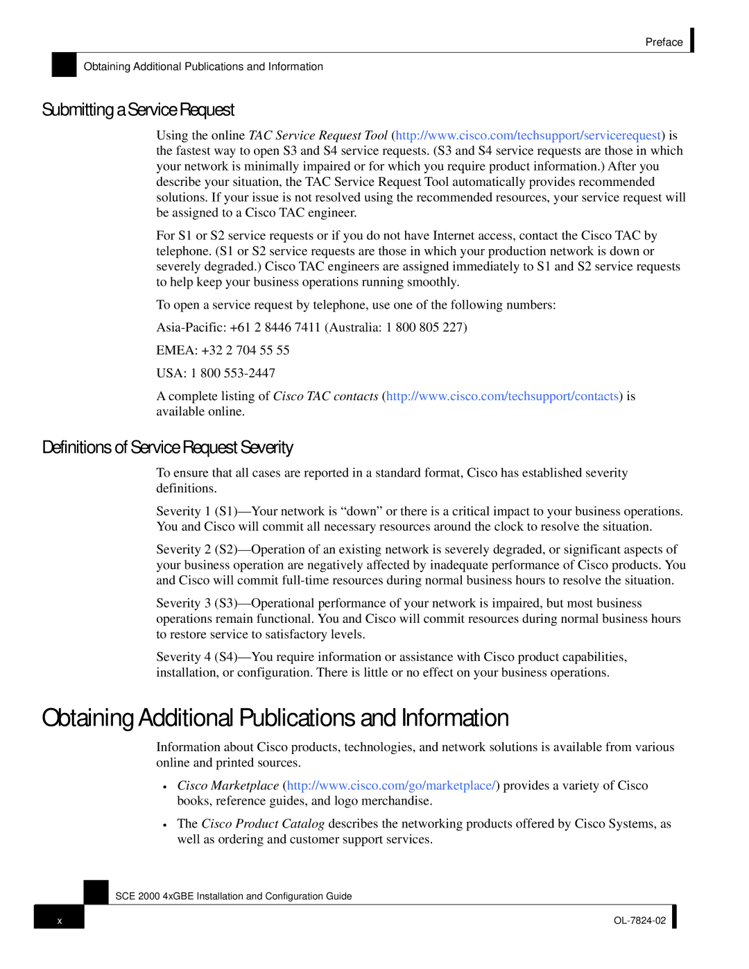 Cisco Systems SCE 2000 4xGBE manual Obtaining Additional Publications and Information, Submitting a Service Request 