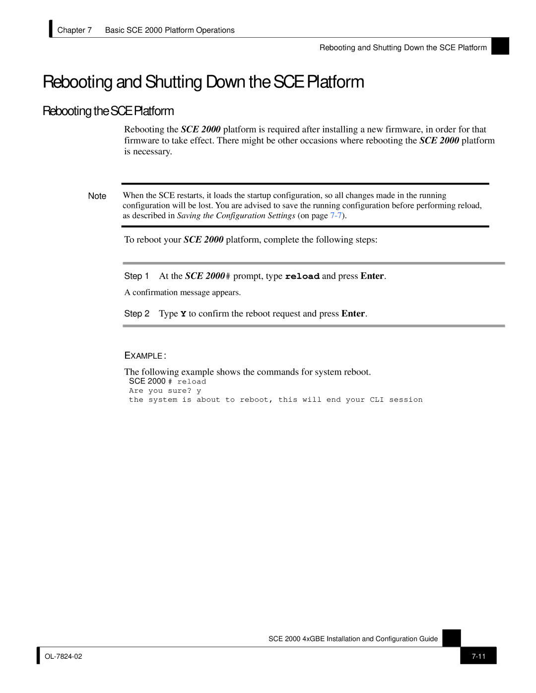 Cisco Systems SCE 2000 4xGBE manual Rebooting and Shutting Down the SCE Platform, Rebooting the SCE Platform 