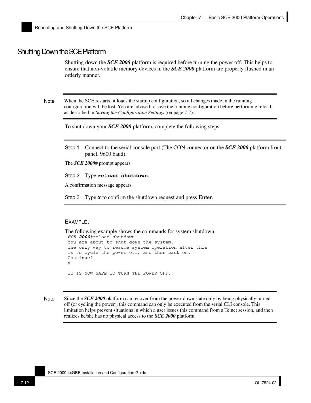 Cisco Systems SCE 2000 4xGBE manual Shutting Down the SCE Platform, Type Y to confirm the shutdown request and press Enter 