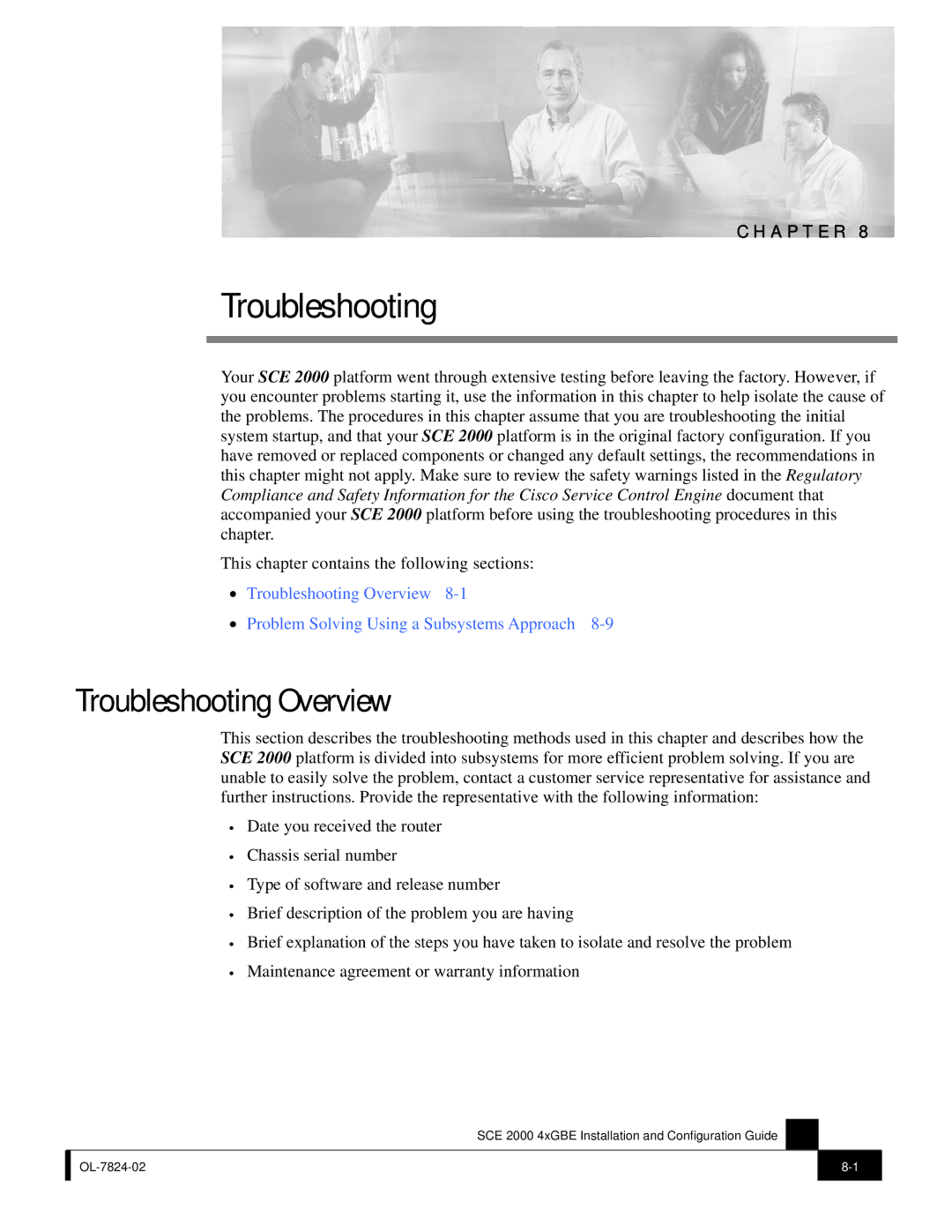 Cisco Systems SCE 2000 4xGBE manual Troubleshooting Overview 