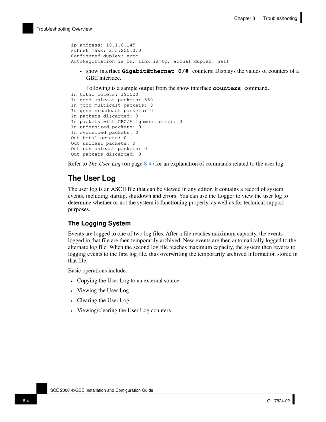 Cisco Systems SCE 2000 4xGBE manual User Log, Logging System 