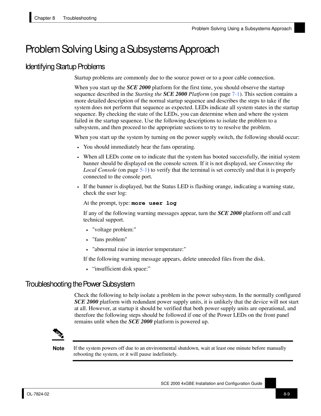 Cisco Systems SCE 2000 4xGBE manual Problem Solving Using a Subsystems Approach, Identifying Startup Problems 