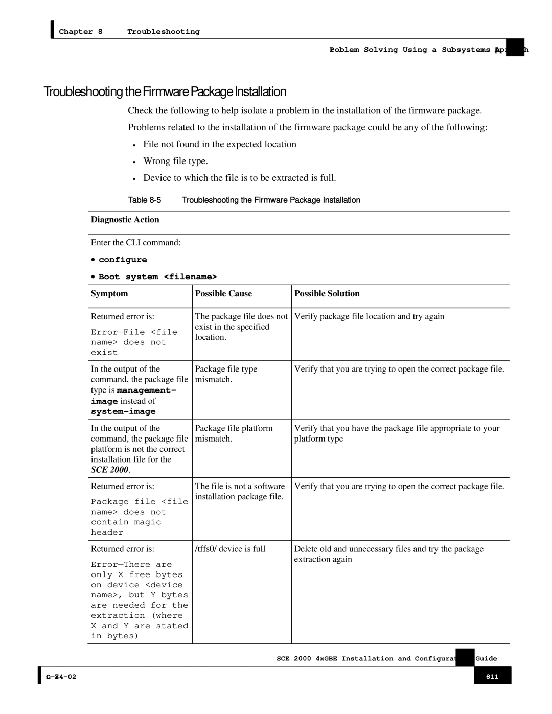 Cisco Systems SCE 2000 4xGBE Troubleshooting the Firmware Package Installation, Diagnostic Action, Symptom Possible Cause 