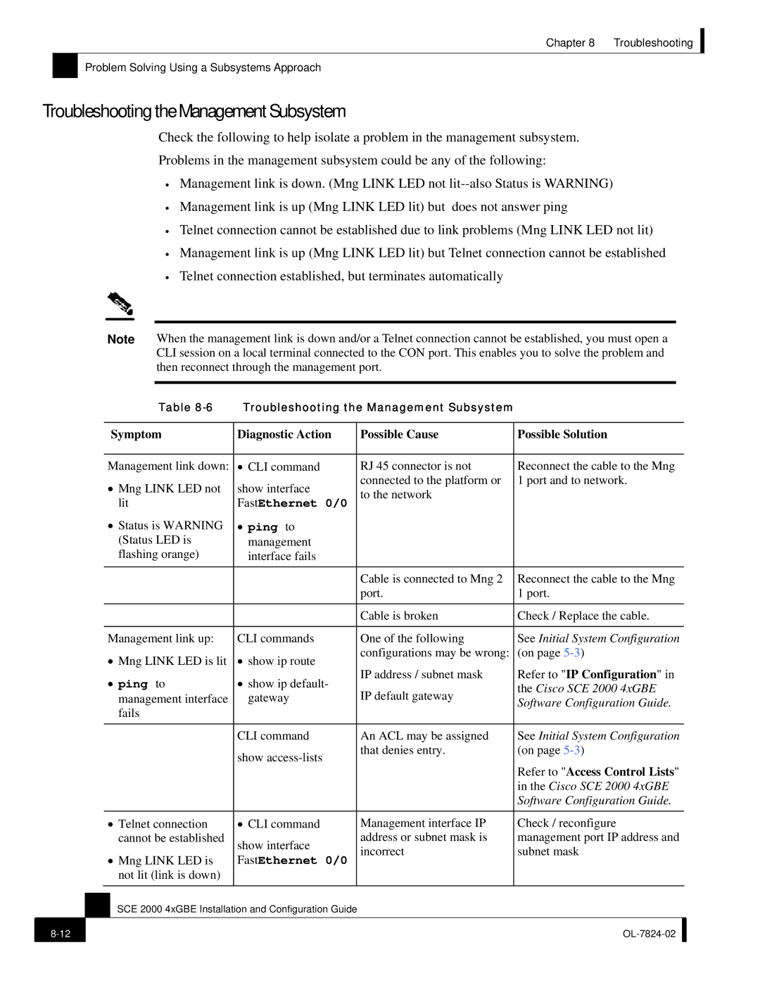 Cisco Systems SCE 2000 4xGBE manual Troubleshooting the Management Subsystem, Refer to IP Configuration 