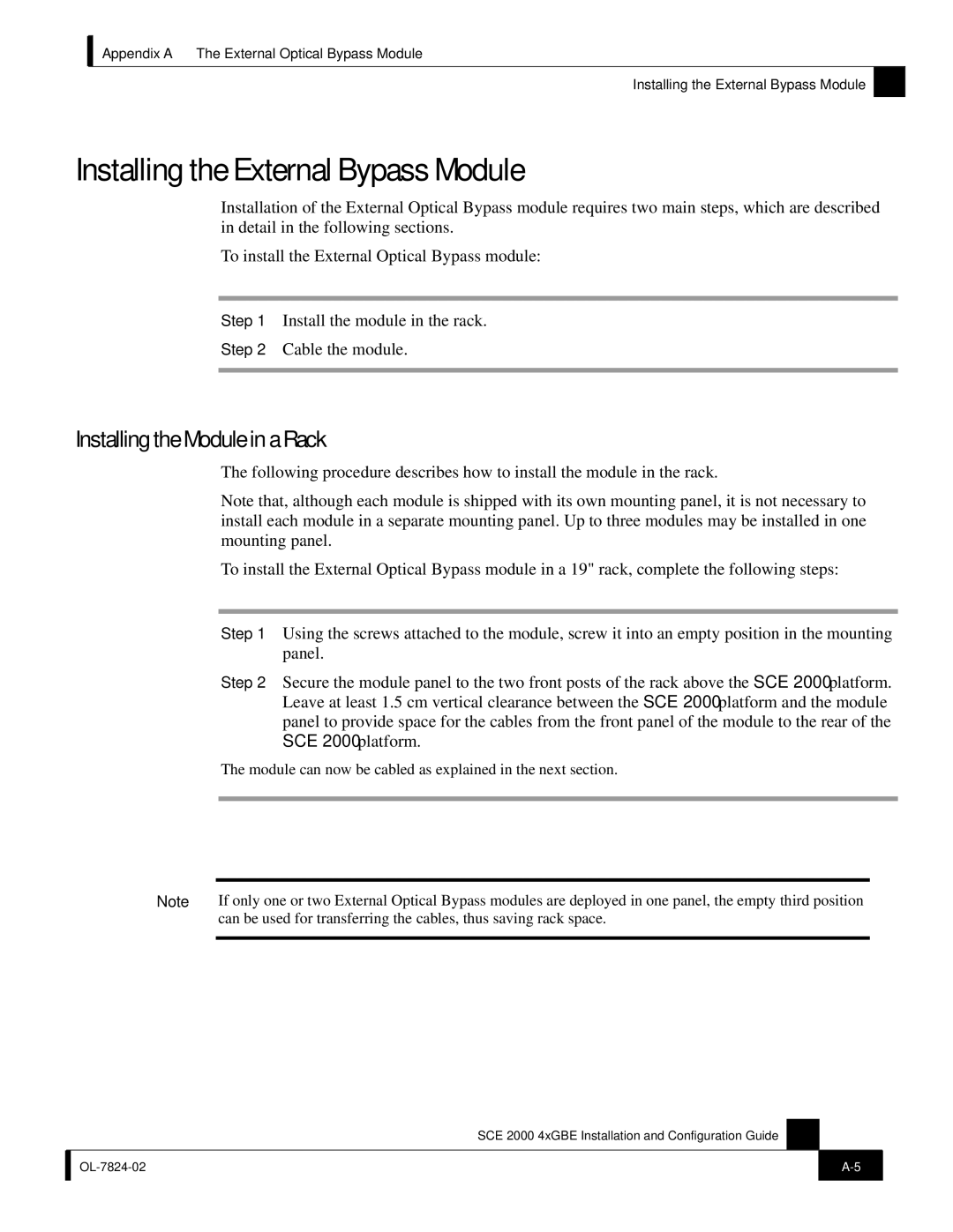 Cisco Systems SCE 2000 4xGBE manual Installing the External Bypass Module, Installing the Module in a Rack 