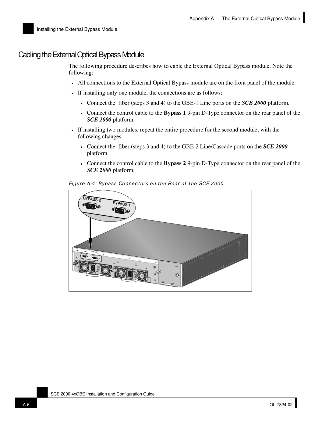 Cisco Systems SCE 2000 4xGBE manual Cabling the External Optical Bypass Module 