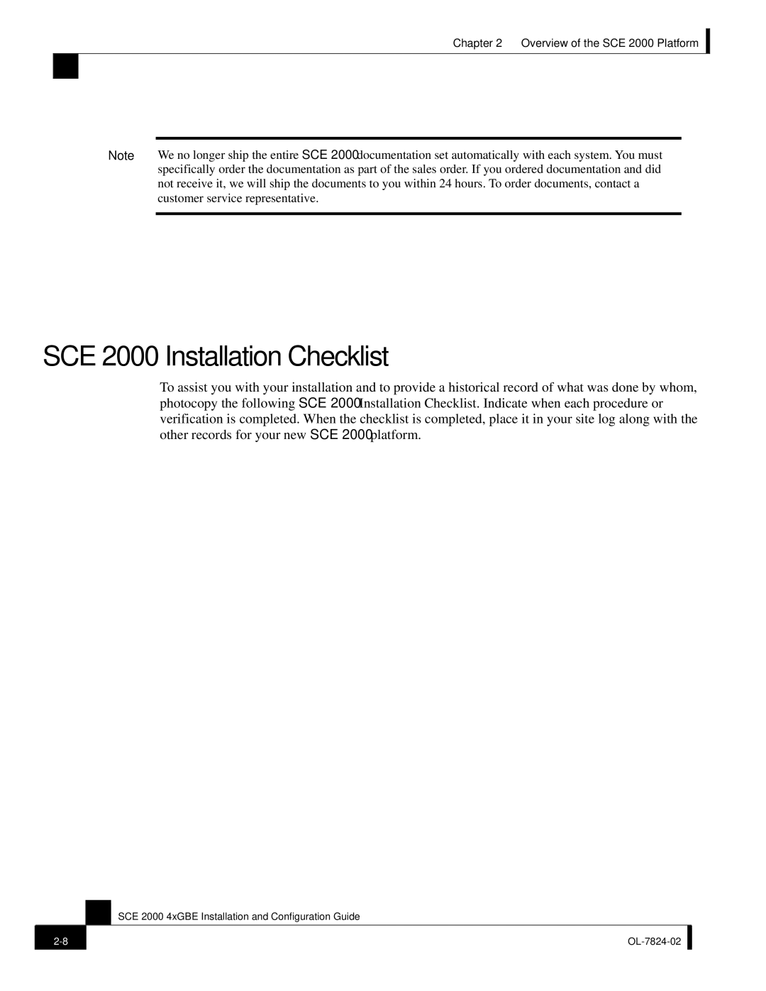 Cisco Systems SCE 2000 4xGBE manual SCE 2000 Installation Checklist 