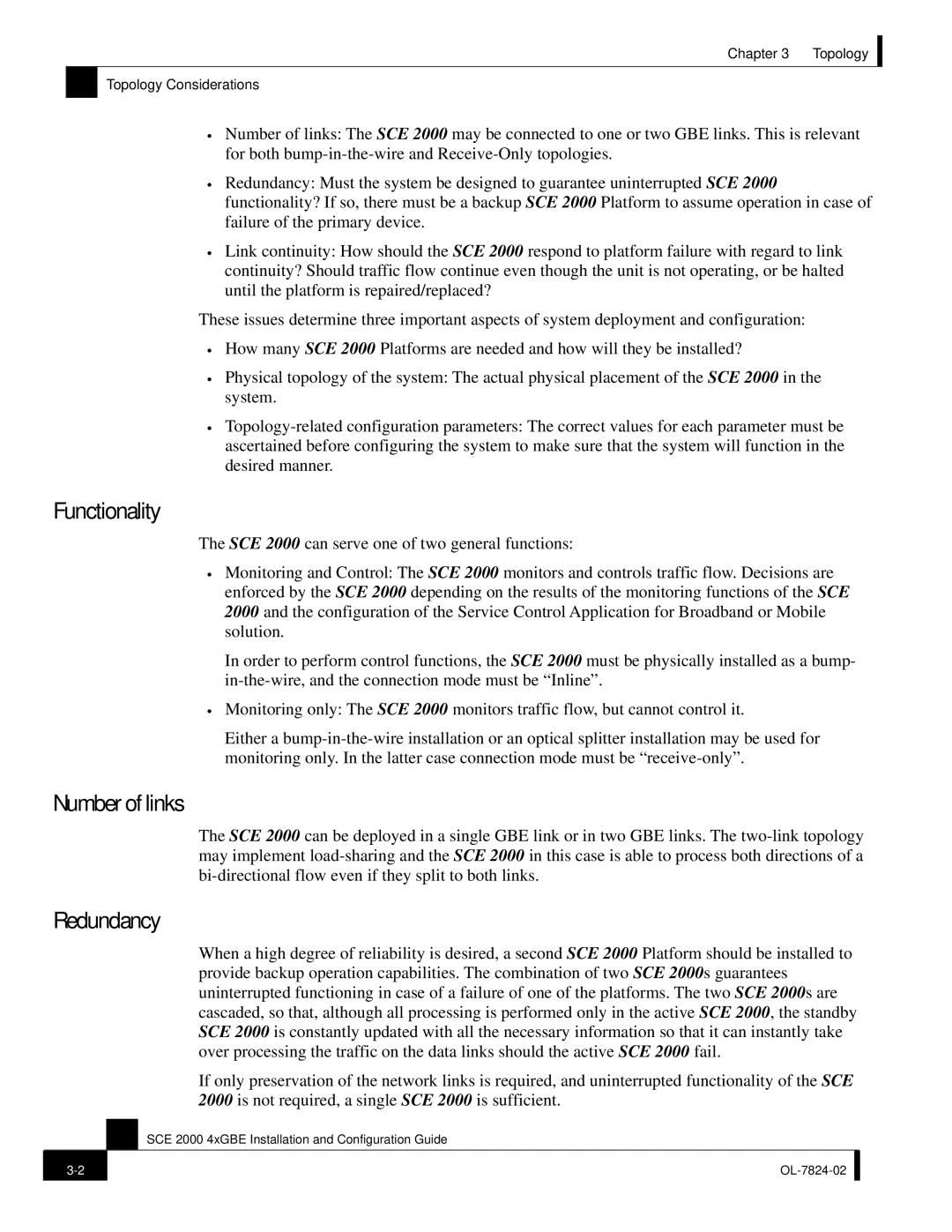 Cisco Systems SCE 2000 4xGBE manual Functionality, Number of links, Redundancy 