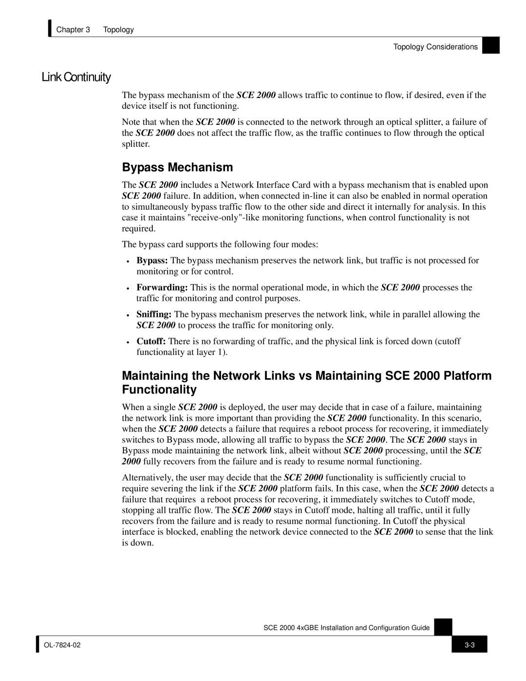 Cisco Systems SCE 2000 4xGBE manual Link Continuity, Bypass Mechanism 