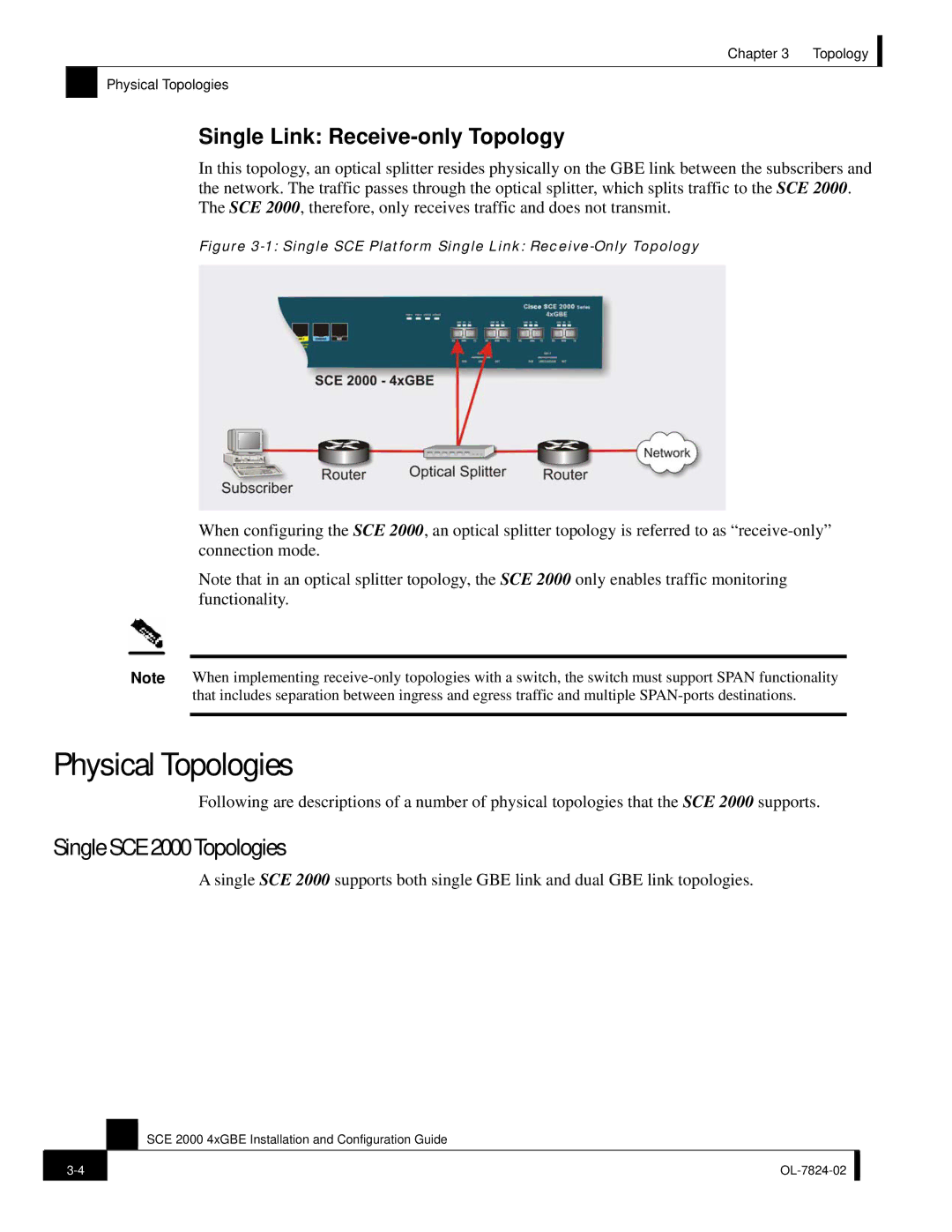 Cisco Systems SCE 2000 4xGBE manual Physical Topologies, Single SCE 2000 Topologies, Single Link Receive-only Topology 