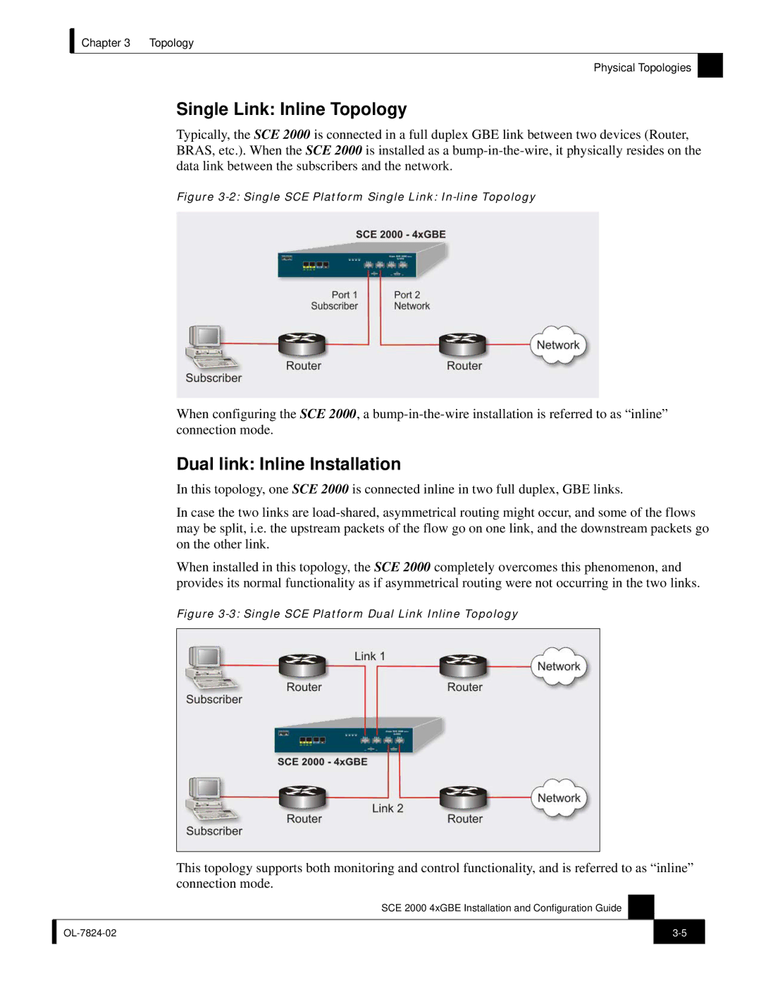 Cisco Systems SCE 2000 4xGBE manual Single Link Inline Topology, Dual link Inline Installation 