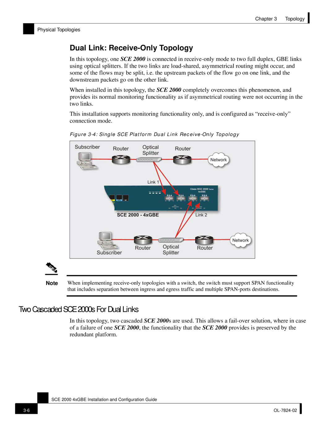 Cisco Systems SCE 2000 4xGBE manual Two Cascaded SCE 2000s For Dual Links, Dual Link Receive-Only Topology 